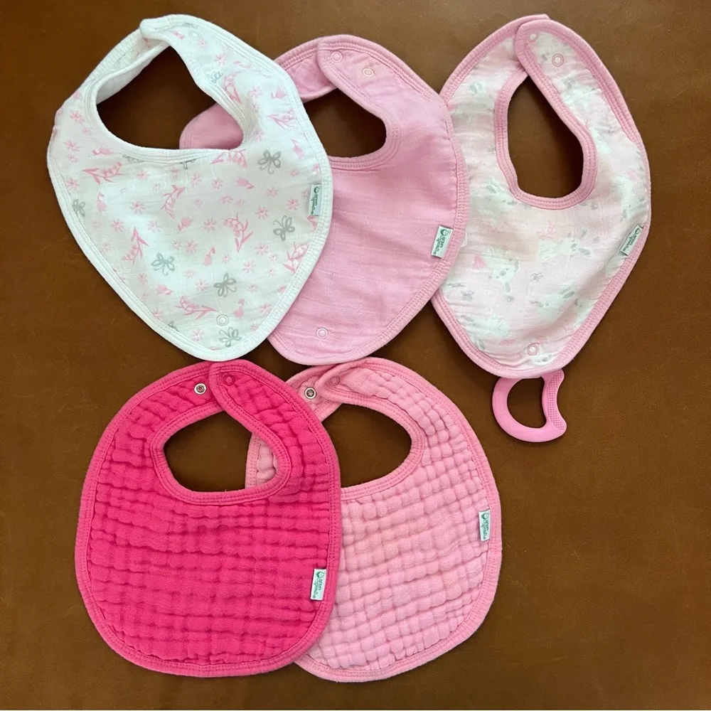 GREEN SPROUTS Organic Muslin Pink Bib Set & Teether, 0-12mo